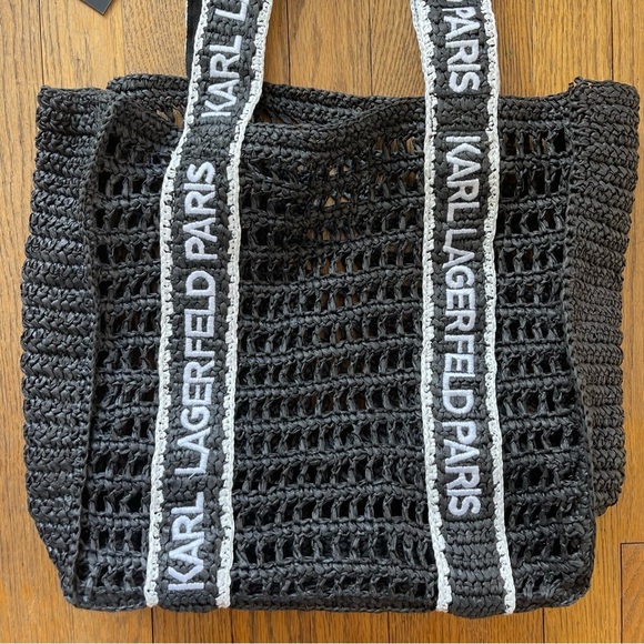Karl Lagerfeld Antibes Straw Tote Beach Bag Logo Strap Black NWT - Picture 2 of 7